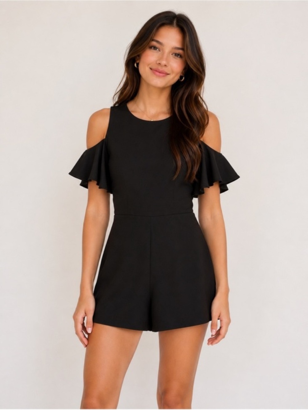 She + Sky Black Cold-Shoulder Romper with Flutter Sleeves Small